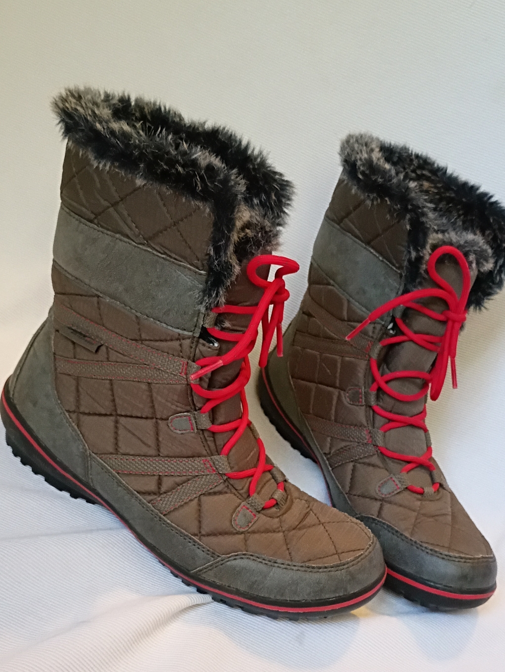 L.L. Bean Brown Winter Boots with Red Laces and Faux-Fur Cuff